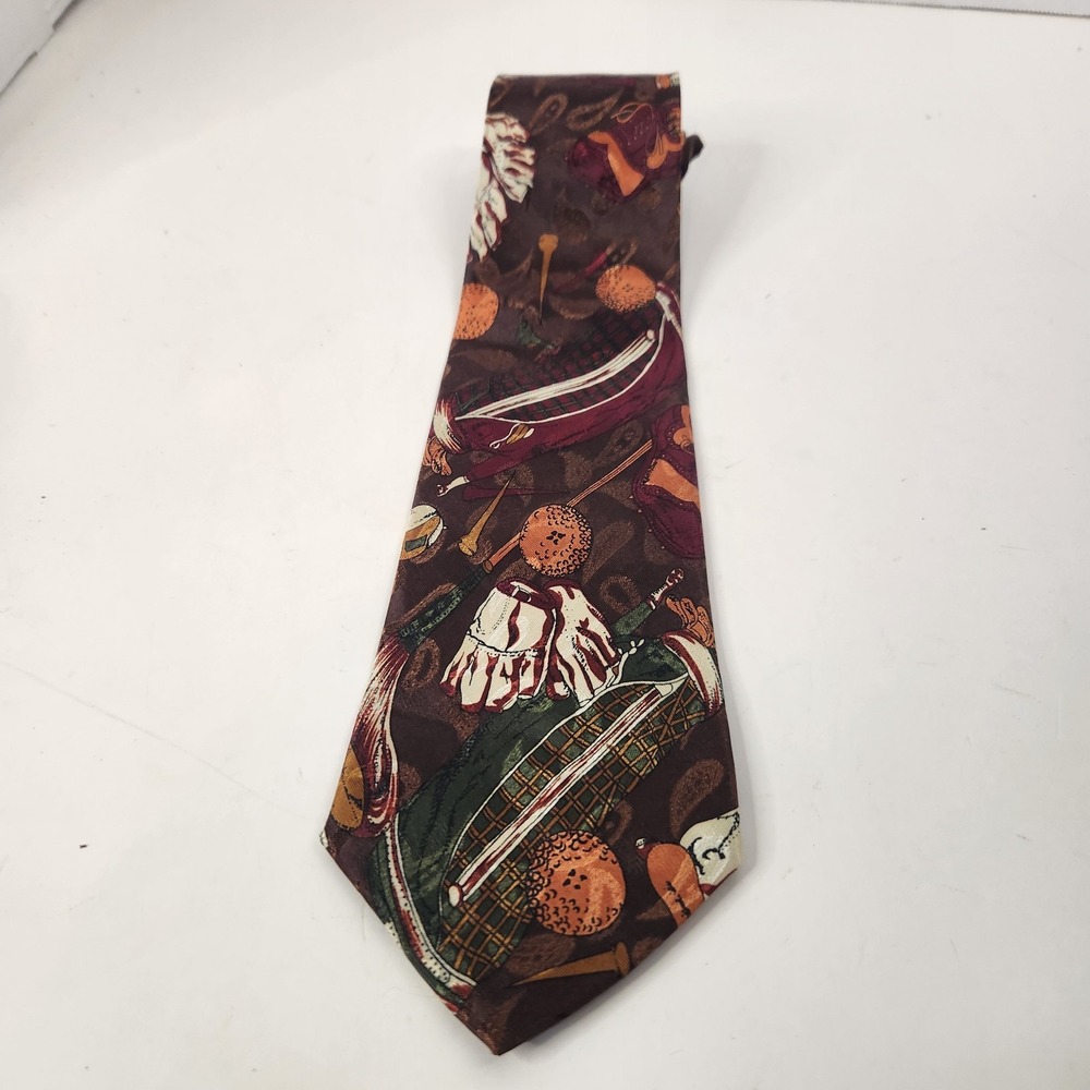 Enigma Vintage Silk Mens Golf Necktie Brown Novelty Sports Pattern Bag Ball Club